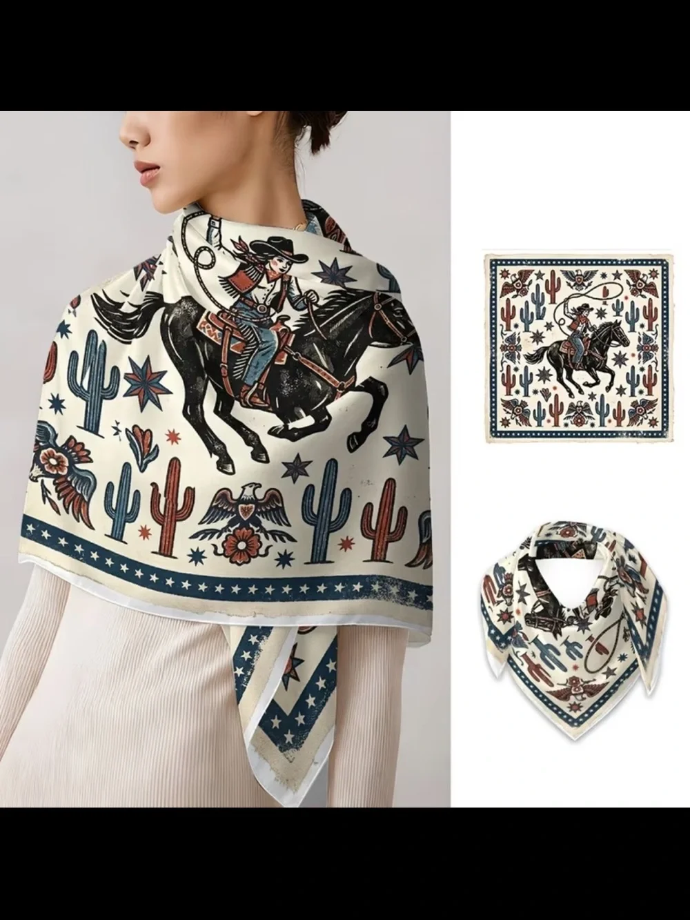 Cowgirl Horse with Lasso Bandana Scarf in Cream, Navy & Rust